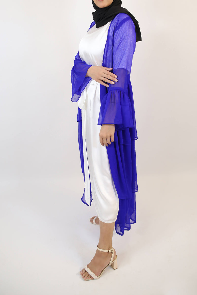 Malaki- Chic chiffon multi tiered throw over abaya with white inner slip dress- Royal blue