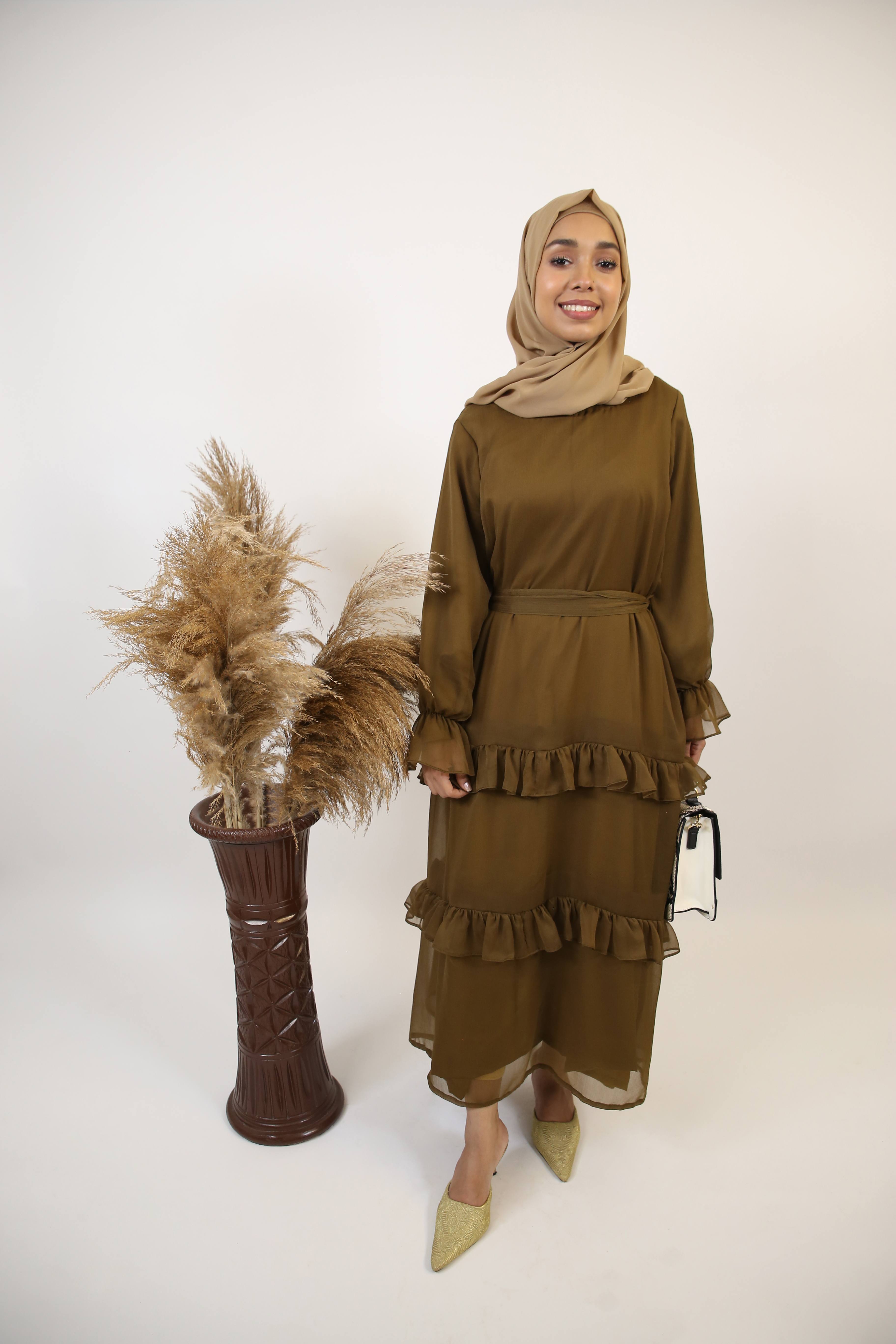 Mommy & Me ✨ Zaytoon- Radiant chiffon fully lined maxi dress with tiered ruffles- Olive Green