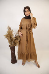 Turab- Exquisite Chiffon fully lined maxi dress with layered bell sleeves and ruffled hem- Nude brown