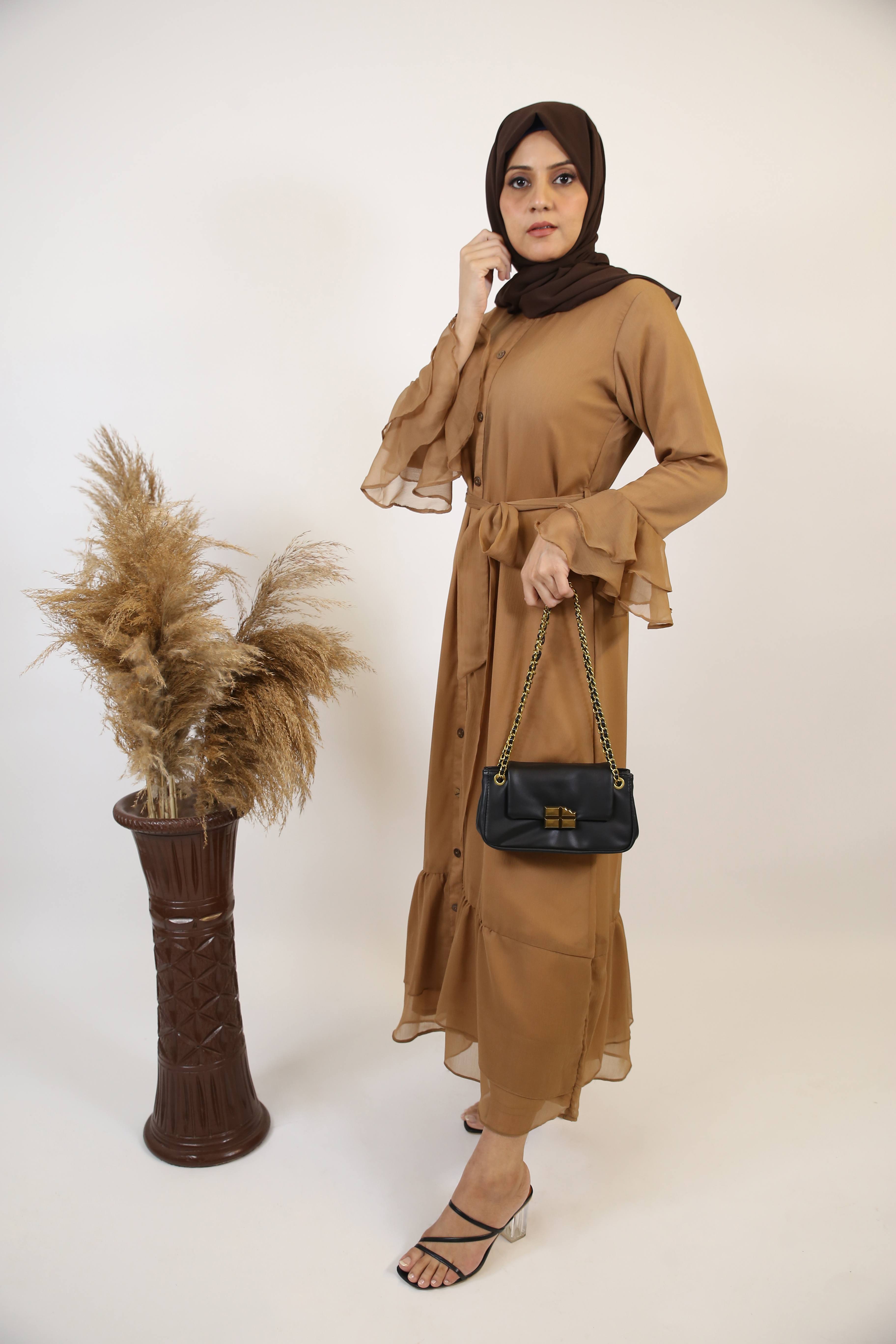 Turab- Exquisite Chiffon fully lined maxi dress with layered bell sleeves and ruffled hem- Nude brown