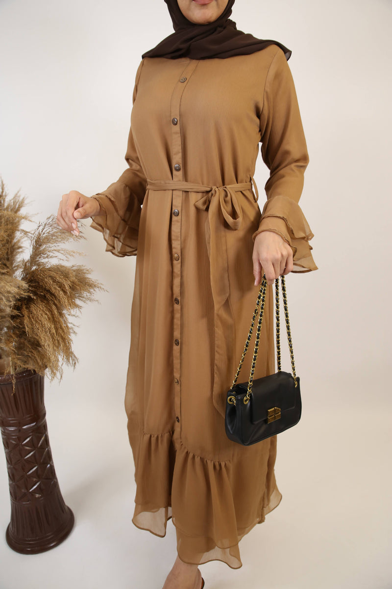 Turab- Exquisite Chiffon fully lined maxi dress with layered bell sleeves and ruffled hem- Nude brown