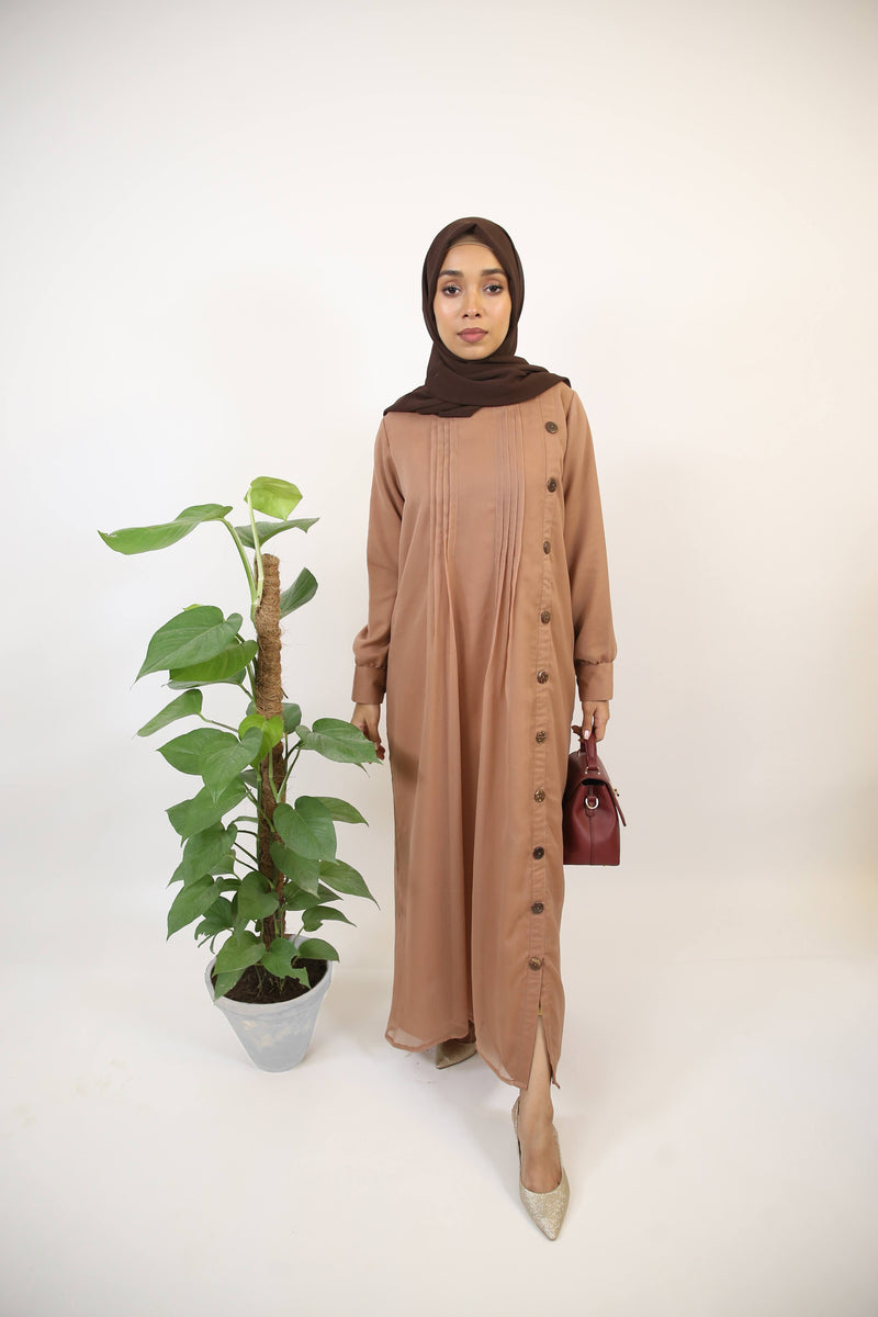 Sahraa- Gorgeous Chiffon Lined maxi dress with drapes and single row buttons- Sandy beige
