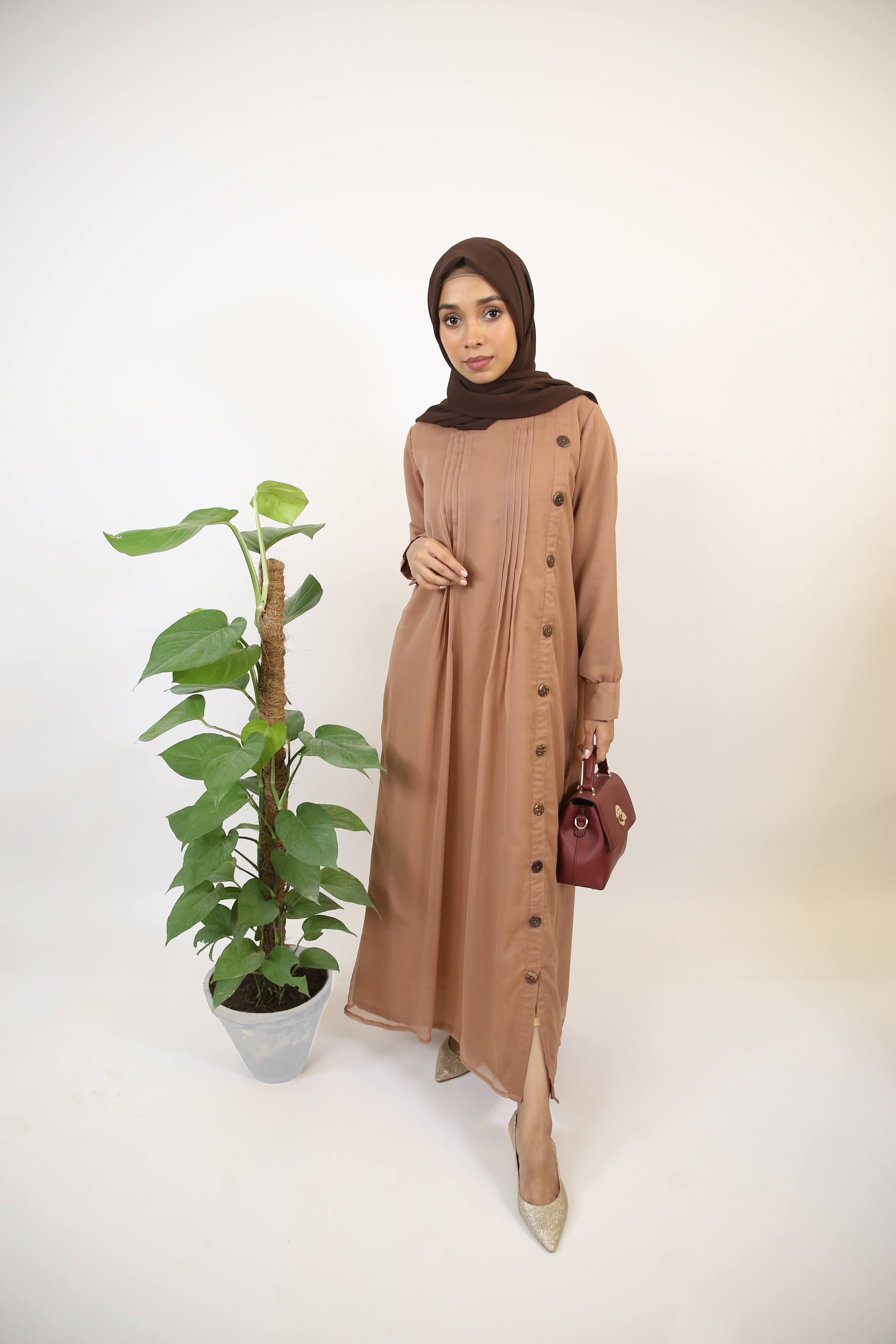 Sahraa- Gorgeous Chiffon Lined maxi dress with drapes and single row buttons- Sandy beige