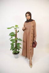 Sahraa- Gorgeous Chiffon Lined maxi dress with drapes and single row buttons- Sandy beige