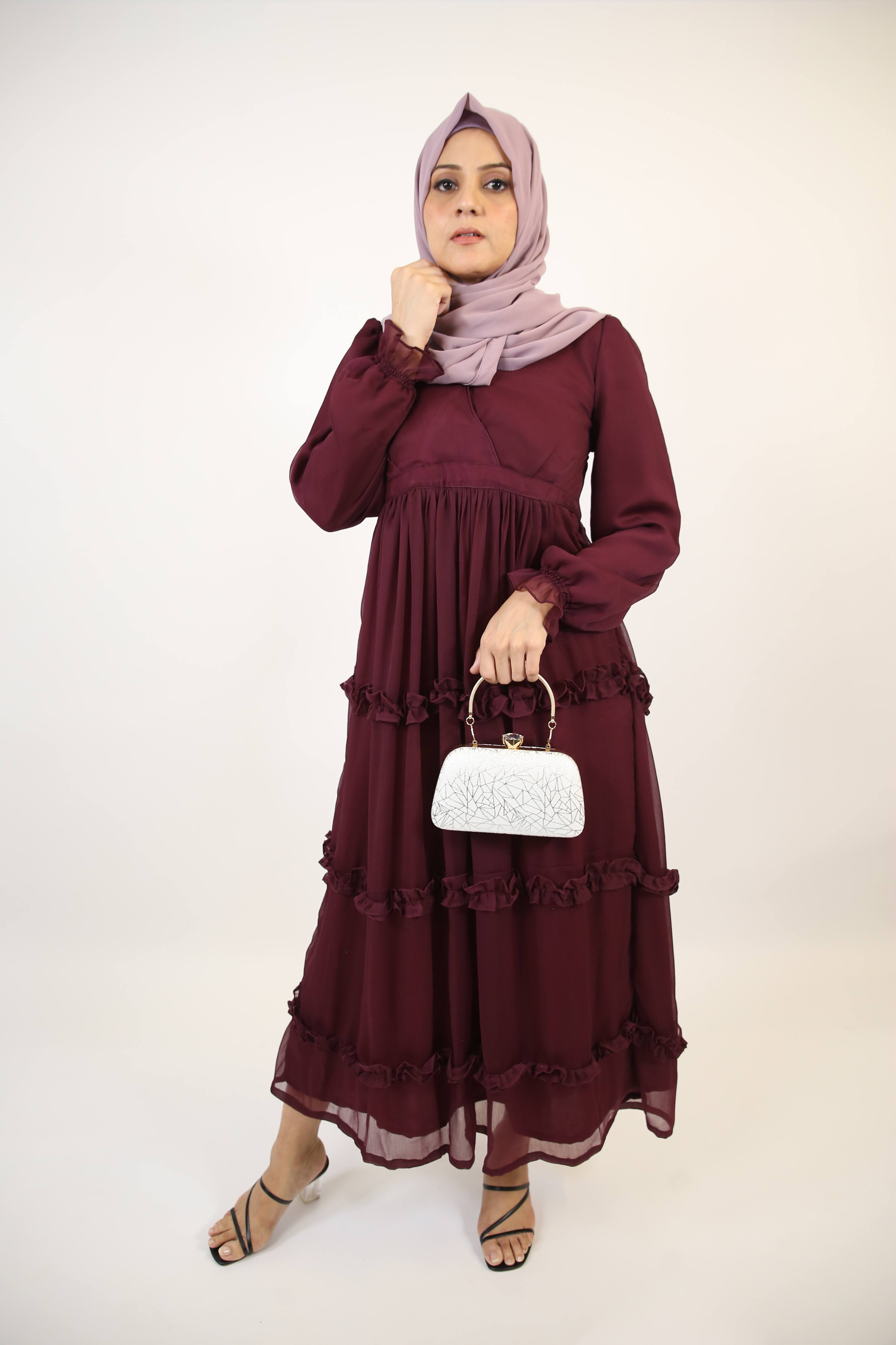 Bustan- Enchanting Chiffon fully lined maxi dress with layered ruffles and puffed sleeves- Plum Red