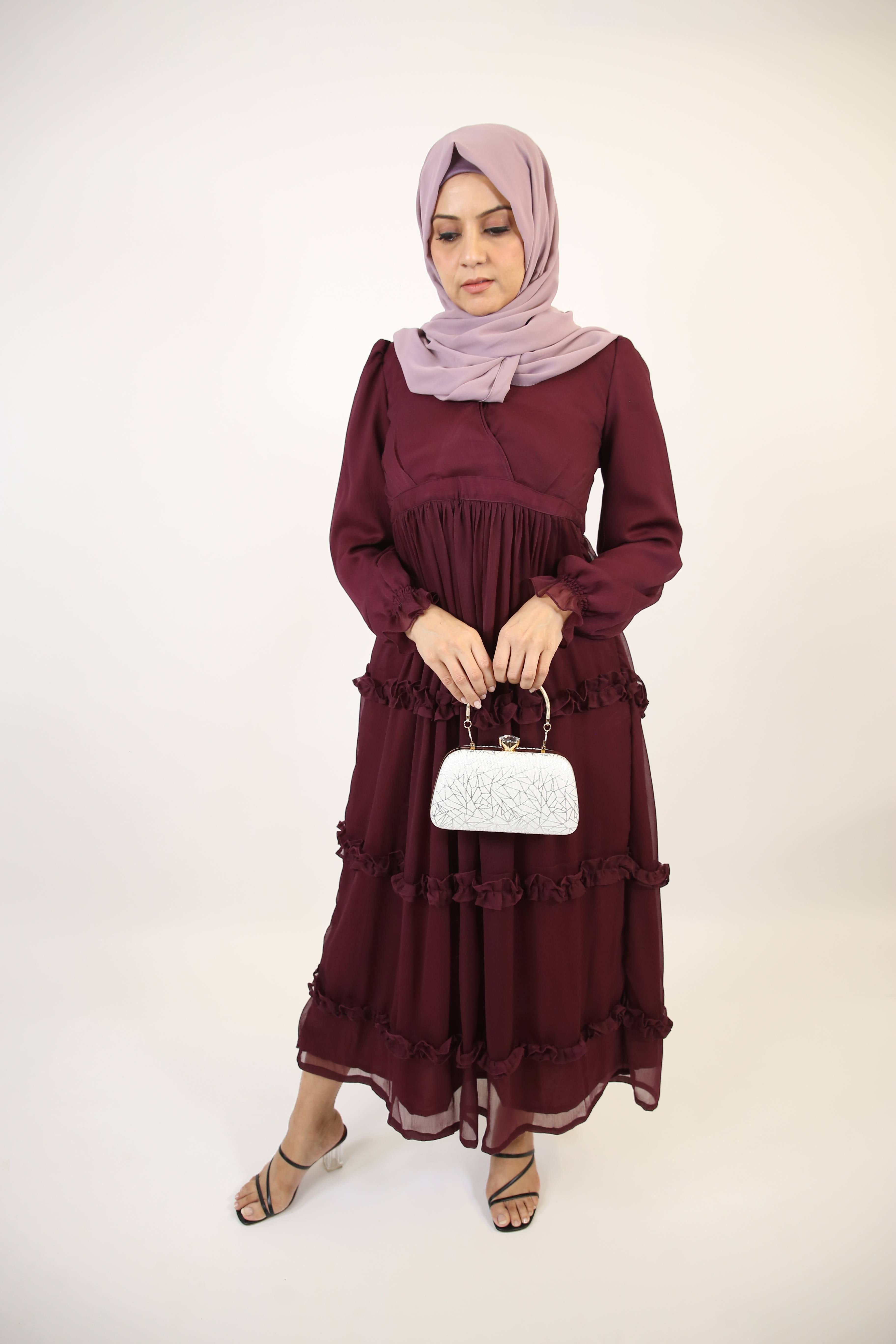 Bustan- Enchanting Chiffon fully lined maxi dress with layered ruffles and puffed sleeves- Plum Red