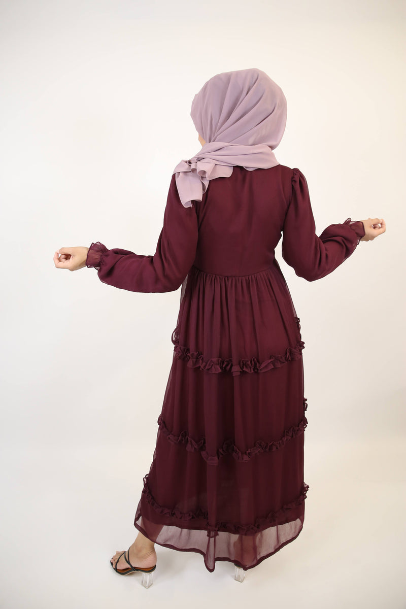 Bustan- Enchanting Chiffon fully lined maxi dress with layered ruffles and puffed sleeves- Plum Red