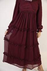 Bustan- Enchanting Chiffon fully lined maxi dress with layered ruffles and puffed sleeves- Plum Red