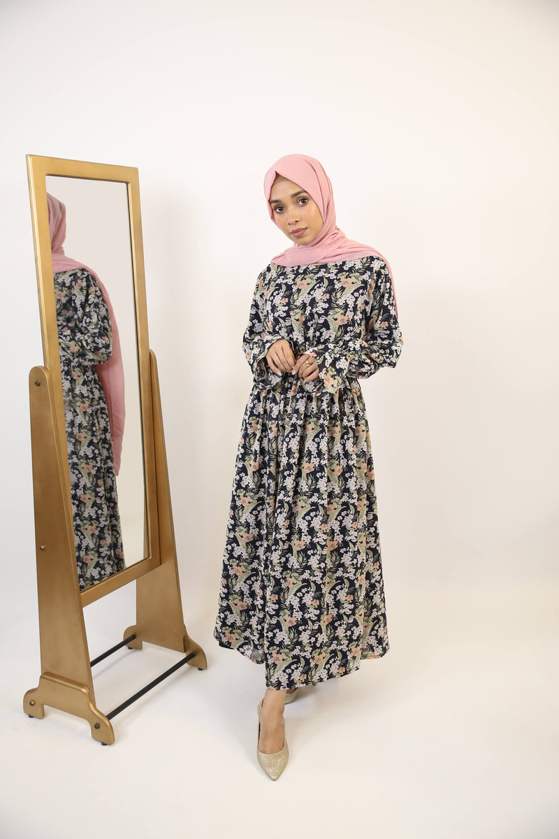 Hadiqah- Stunning Chiffon lined printed maxi dress with pleated waist and ruffled sleeves