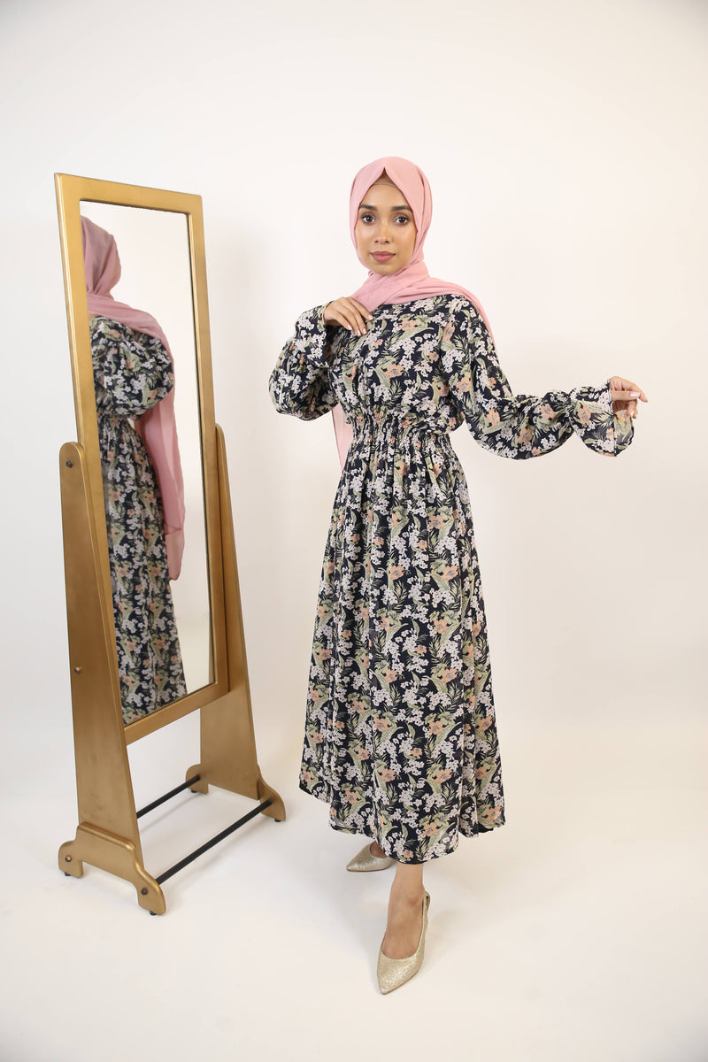 Hadiqah- Stunning Chiffon lined printed maxi dress with pleated waist and ruffled sleeves