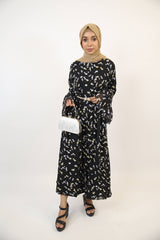 Bumblebee - Enchanting Chiffon fully lined printed maxi dress with angel sleeves and embellished belt