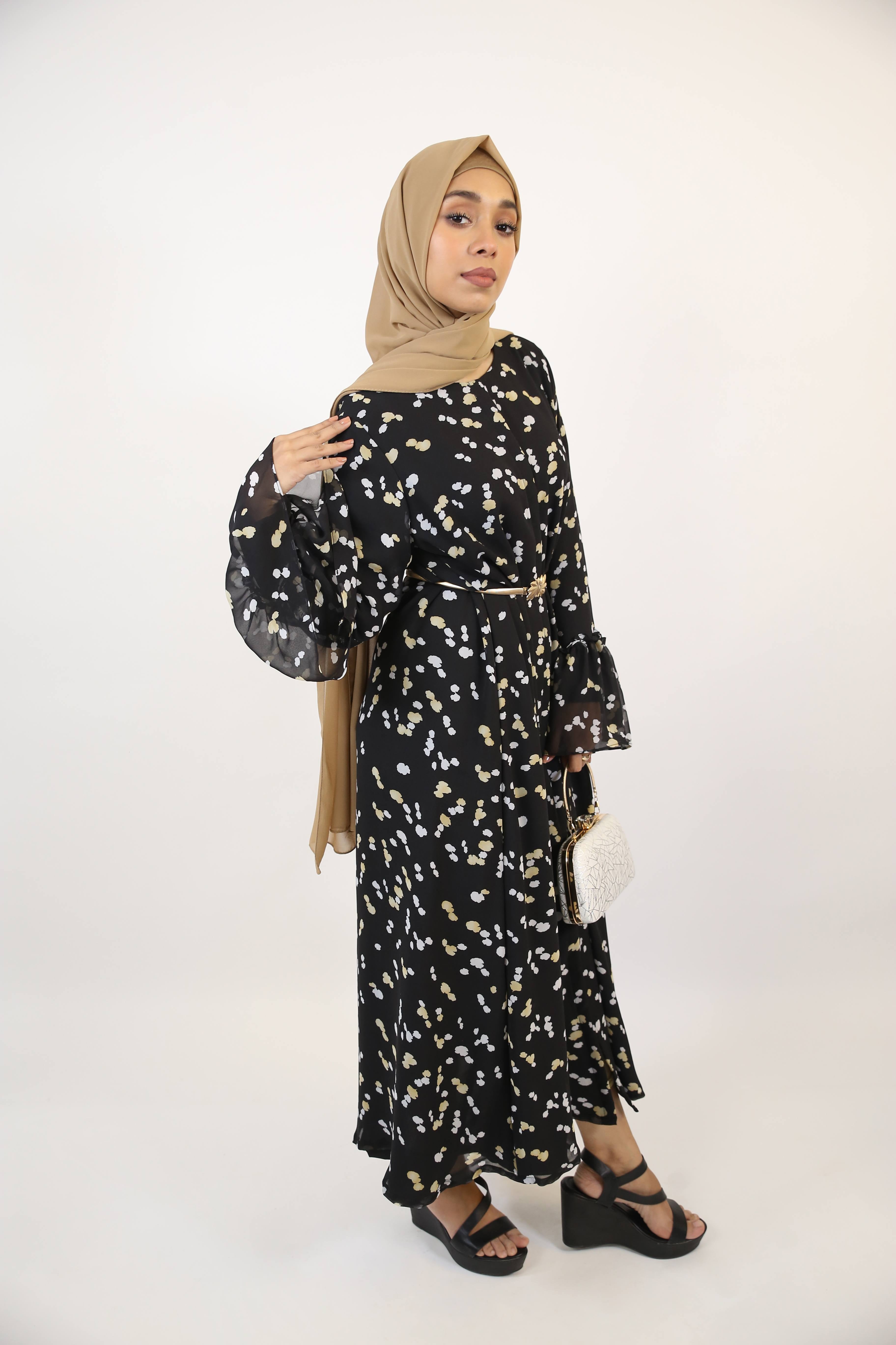 Bumblebee - Enchanting Chiffon fully lined printed maxi dress with angel sleeves and embellished belt