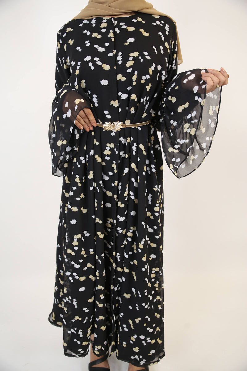 Bumblebee - Enchanting Chiffon fully lined printed maxi dress with angel sleeves and embellished belt