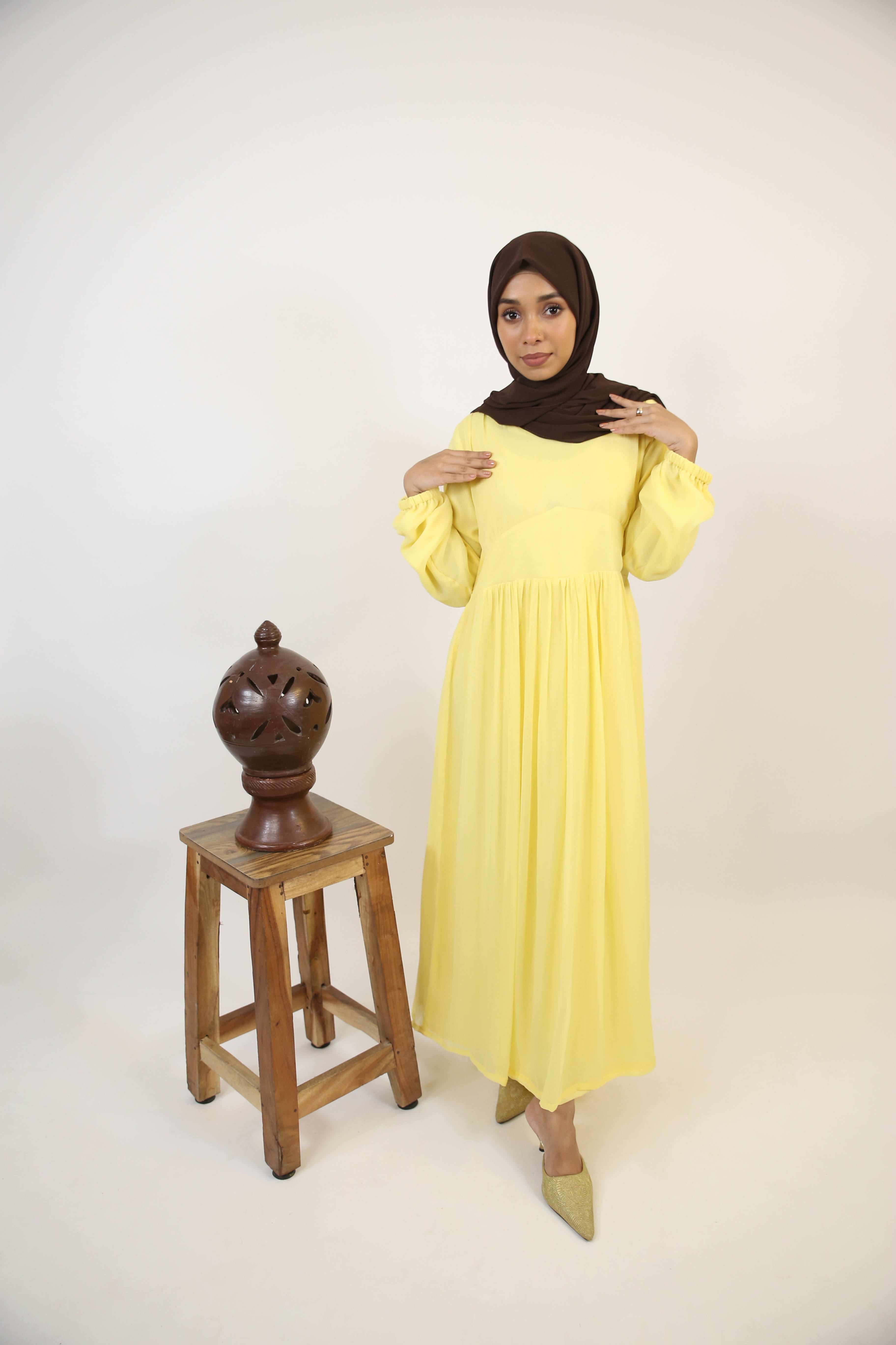 Sitreen- Mesmerizing Chiffon fully lined maxi dress with frill detailing- Lemon yellow