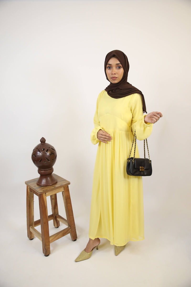 Sitreen- Mesmerizing Chiffon fully lined maxi dress with frill detailing- Lemon yellow
