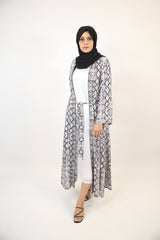 Saher- Enchanting throw over abaya set with belt and white inner slip dress- Python print