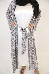 Saher- Enchanting throw over abaya set with belt and white inner slip dress- Python print