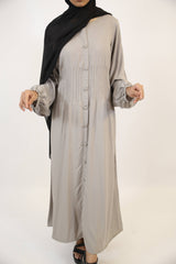 Hamamah-  Minimal Linen Modest Maxi Dress with pleated waist- Smoke Gray