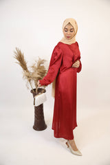 Yaqoot- Stunning Satin Maxi dress with bow detailing and bishop sleeves- Cherry Red