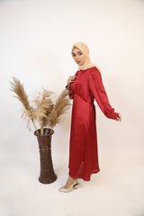 Yaqoot- Stunning Satin Maxi dress with bow detailing and bishop sleeves- Cherry Red