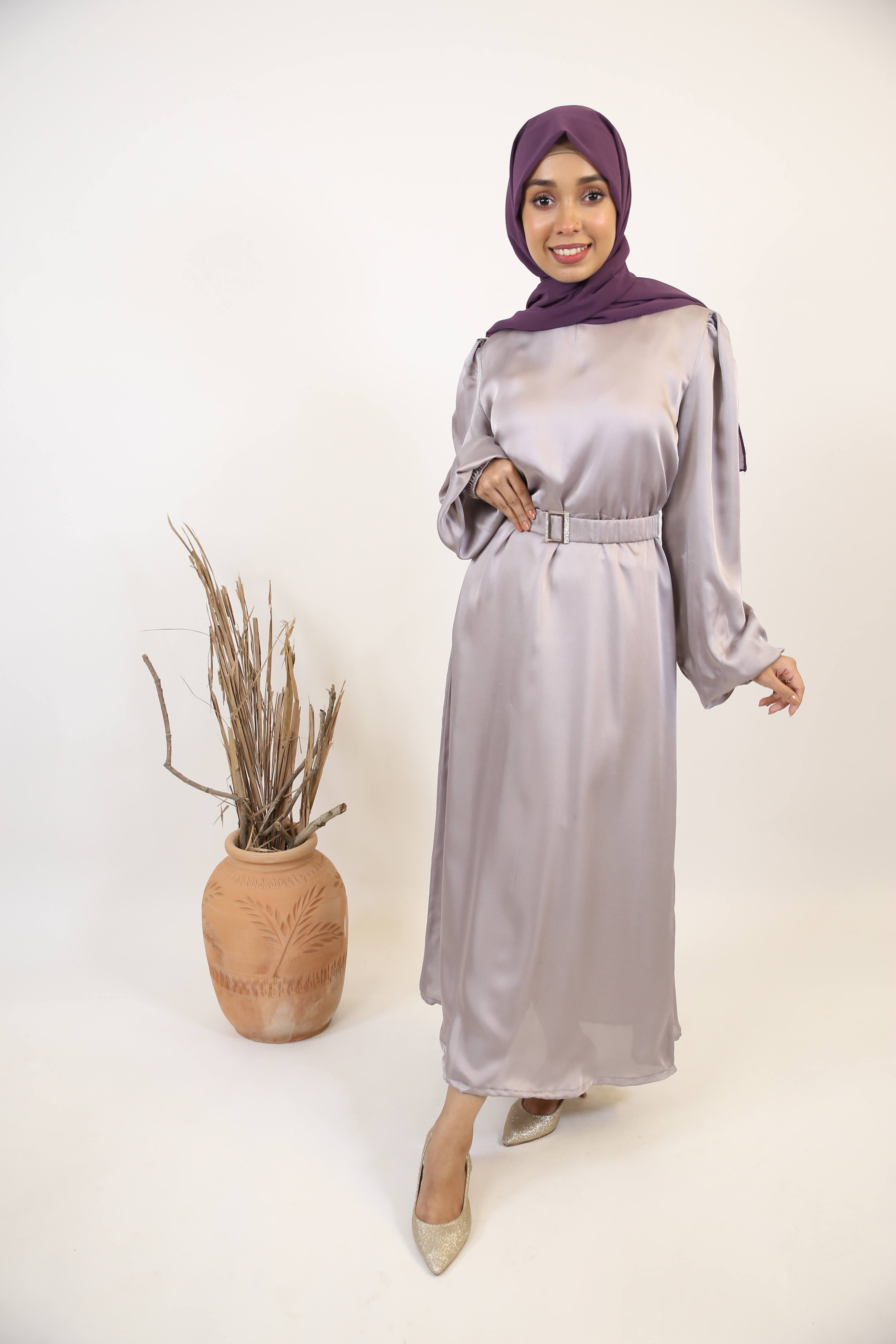 Sakeena- Enchanting Satin non sheer maxi dress with belt embellishment and bishop sleeves- Silver Gray