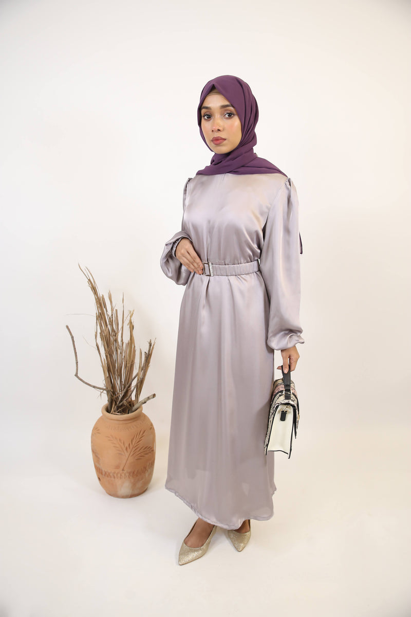 Mommy & Me ✨ Sakeena- Enchanting Satin non sheer maxi dress with belt embellishment and bishop sleeves- Silver Gray