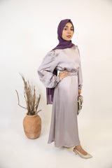 Sakeena- Enchanting Satin non sheer maxi dress with belt embellishment and bishop sleeves- Silver Gray