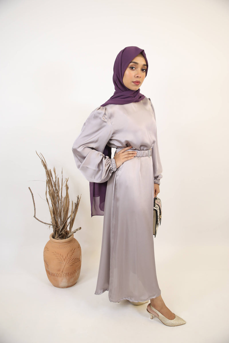 Sakeena- Enchanting Satin non sheer maxi dress with belt embellishment and bishop sleeves- Silver Gray