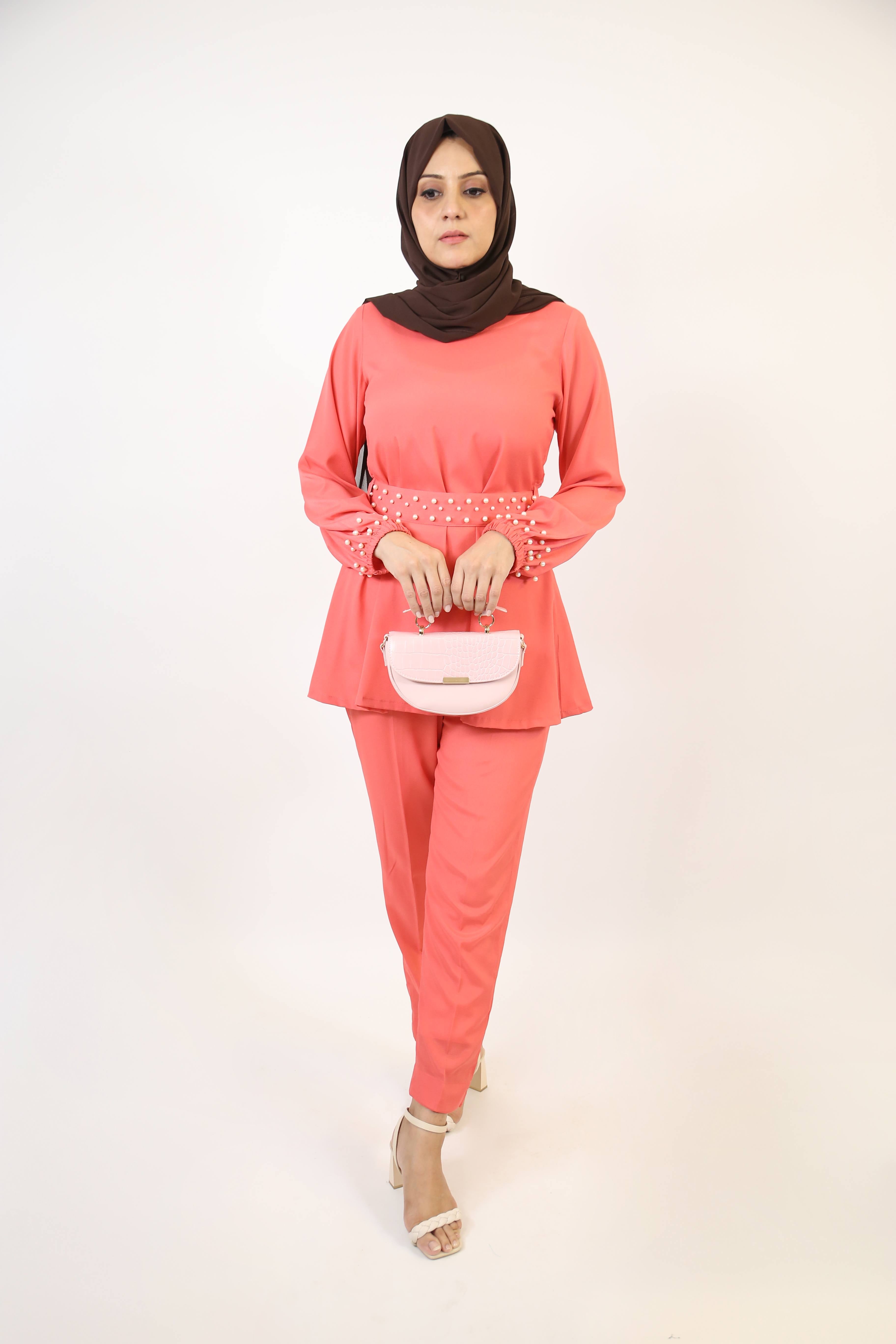 Damia- Stunning two piece modest set with faux pearl belt and sleeves-Peach Pink