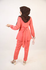 Damia- Stunning two piece modest set with faux pearl belt and sleeves-Peach Pink