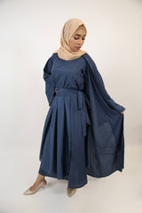 Yaqoot- Elegant three piece throw over abaya set with apron belt and inner slip dress- Navy blue