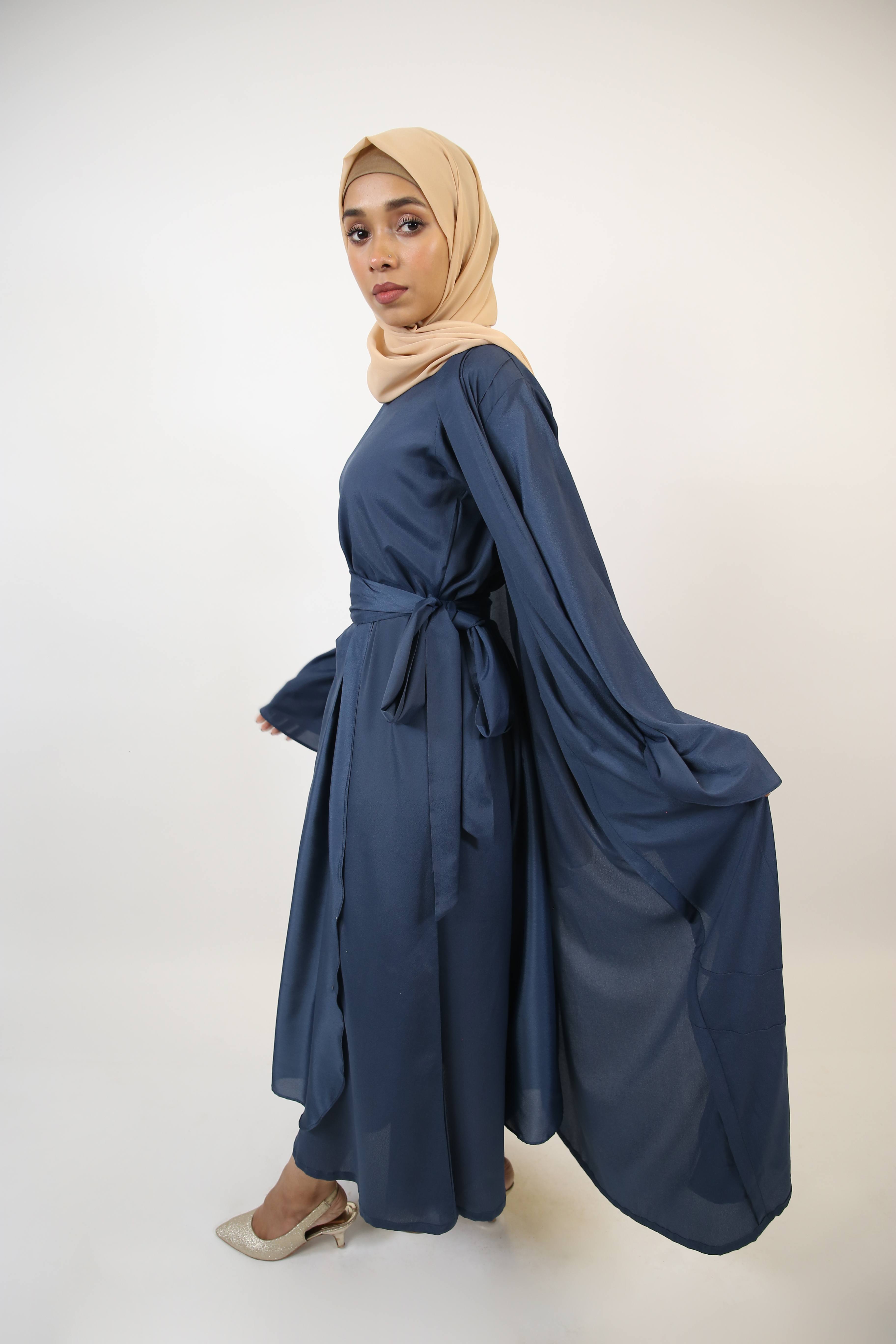 Yaqoot- Elegant three piece throw over abaya set with apron belt and inner slip dress- Navy blue