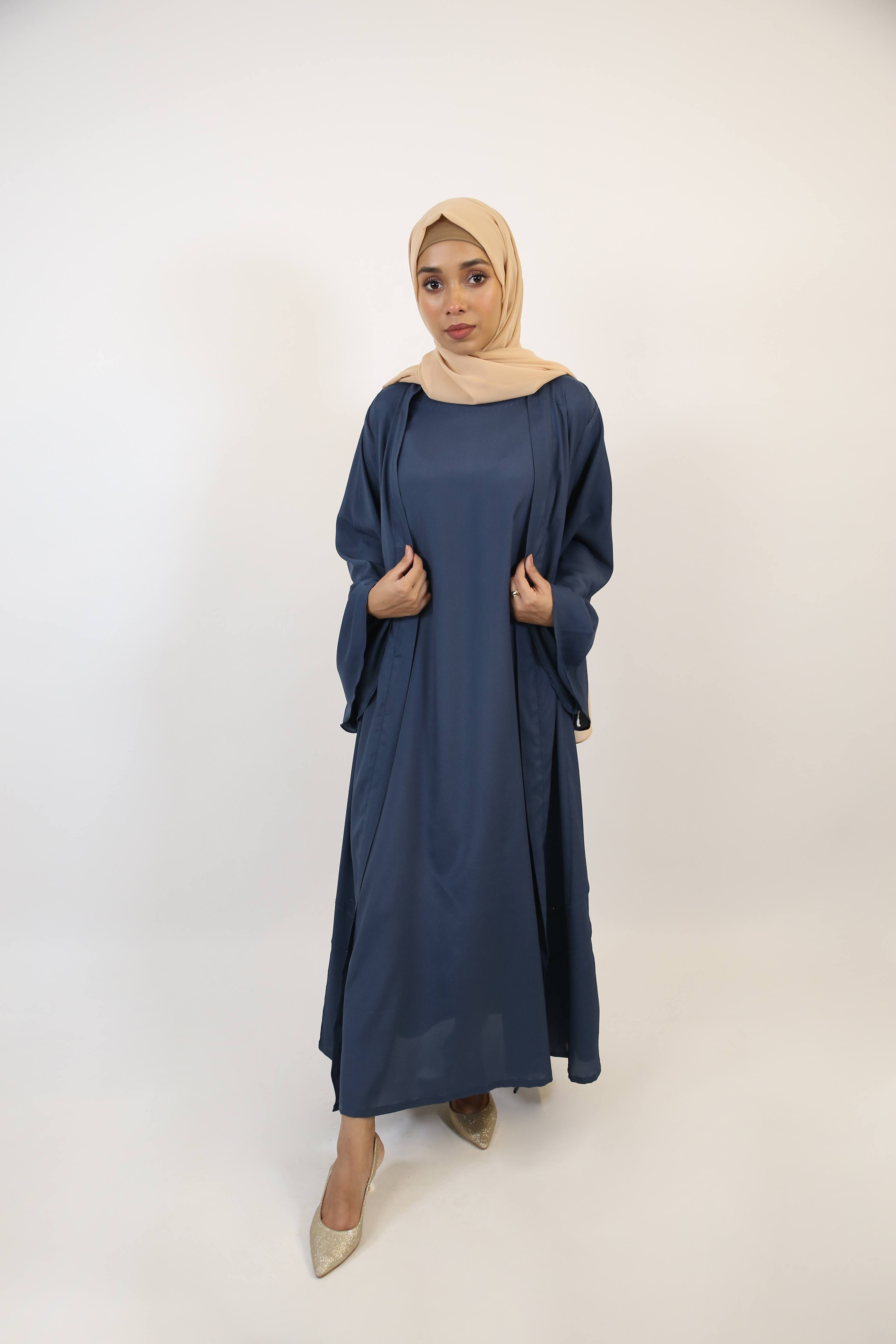 Yaqoot- Elegant three piece throw over abaya set with apron belt and inner slip dress- Navy blue