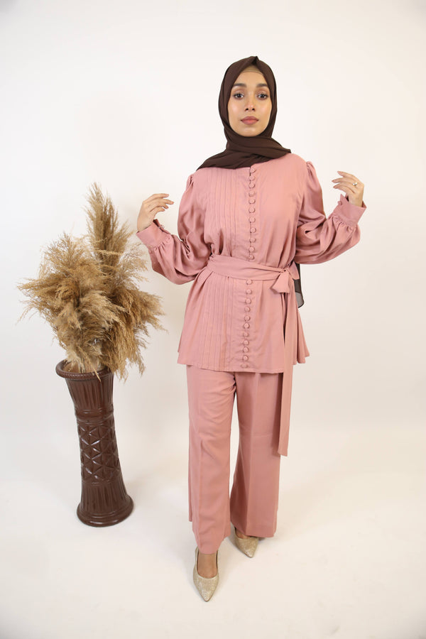 Shabab- Chic linen two piece co ord set with pleated top down buttons with detachable belt and spanish pants- Pink