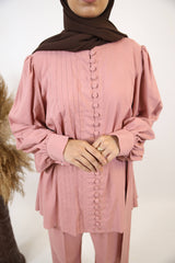 Shabab- Chic linen two piece co ord set with pleated top down buttons with detachable belt and spanish pants- Pink