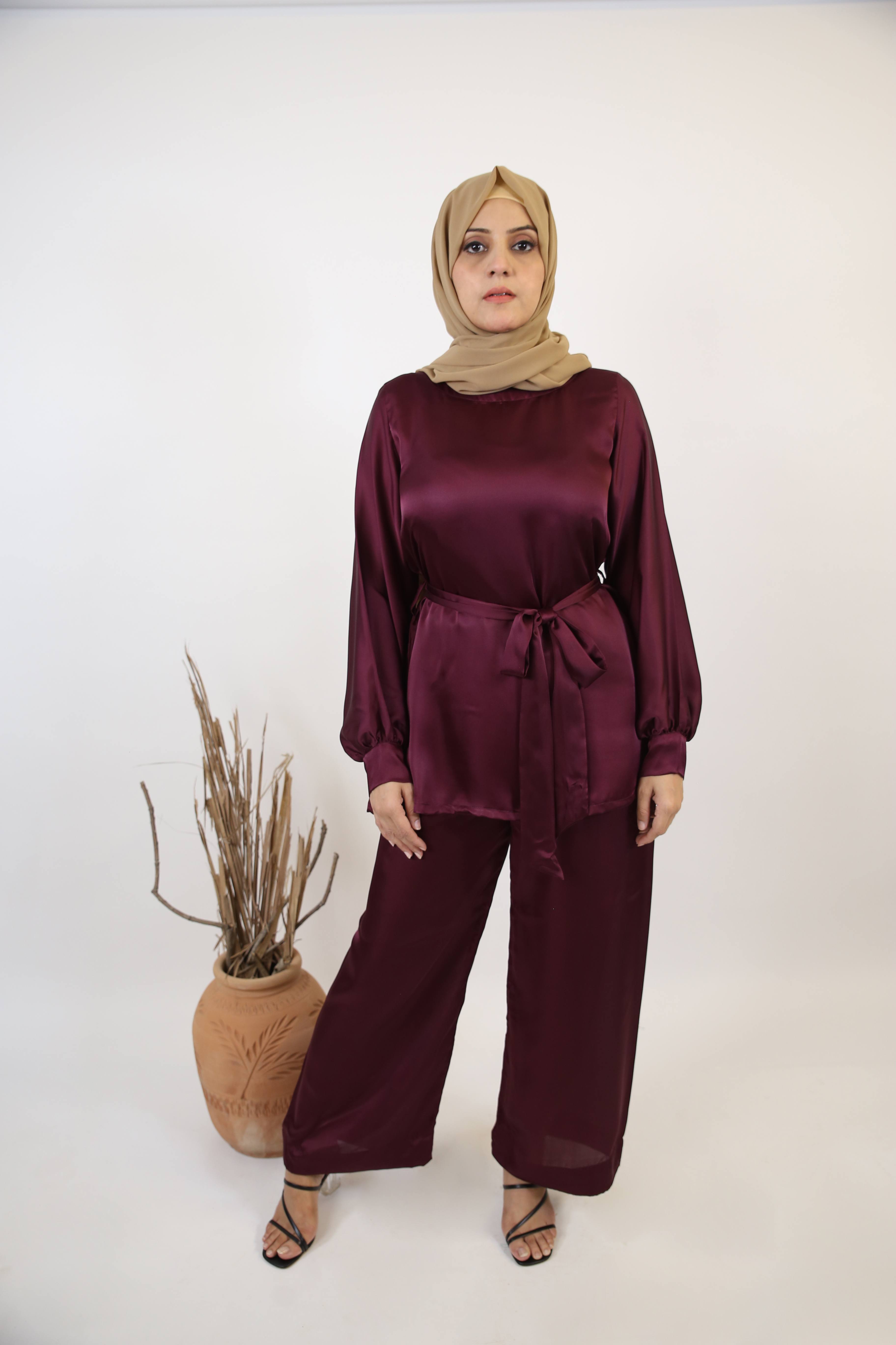 Hareer- Sophisticated two piece satin set with modest top and spanish cut pants- Mulberry Red