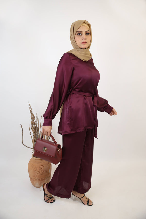 Hareer- Sophisticated two piece satin set with modest top and spanish cut pants- Mulberry Red