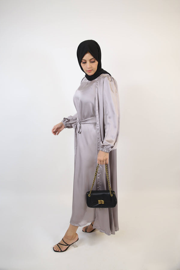 Lamey- Refined Satin throw over abaya with inner slip dress and detachable belt- Ash Gray