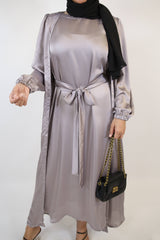 Lamey- Refined Satin throw over abaya with inner slip dress and detachable belt- Ash Gray