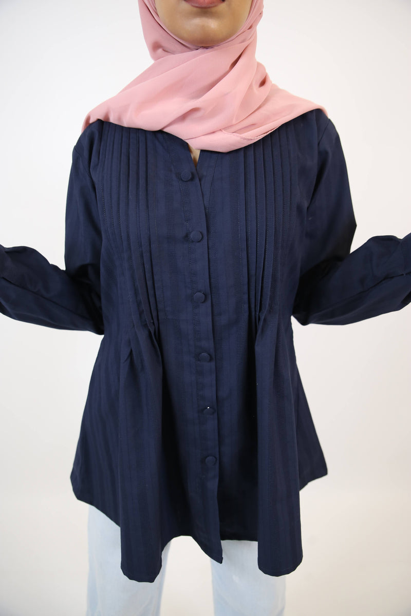 Aneq- Sublime cotton tunic shirt with pleated front and buttons- Deep blue