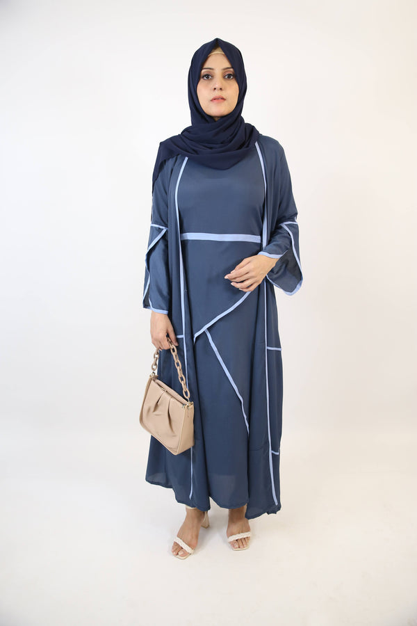 Hadee- Timeless lightweight wrinkle free abaya dress with contrast piping detailing- Navy Blue