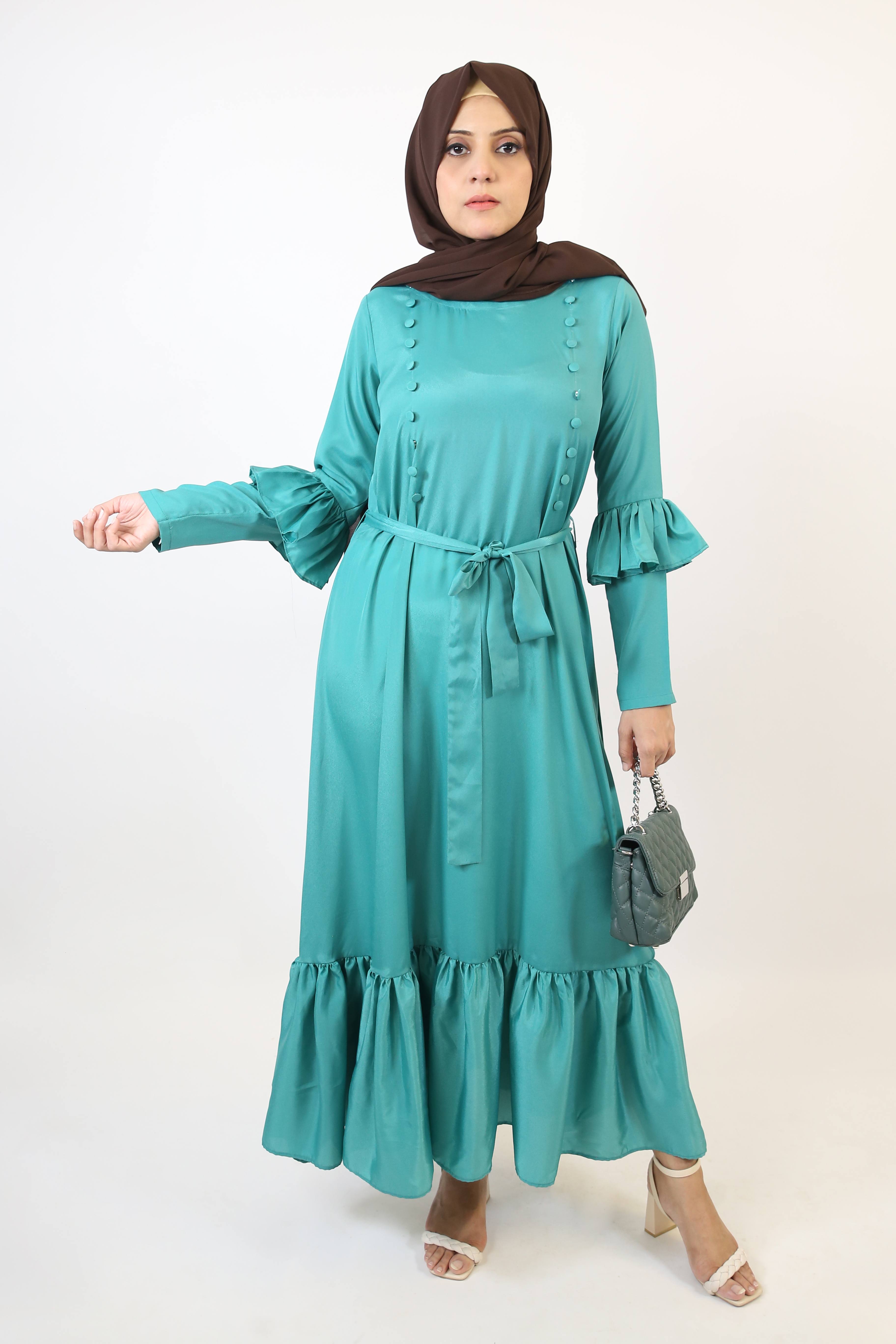 Nudhrah- Lovely no sheer maxi dress with dual buttoned row and frilled hem- Deep green