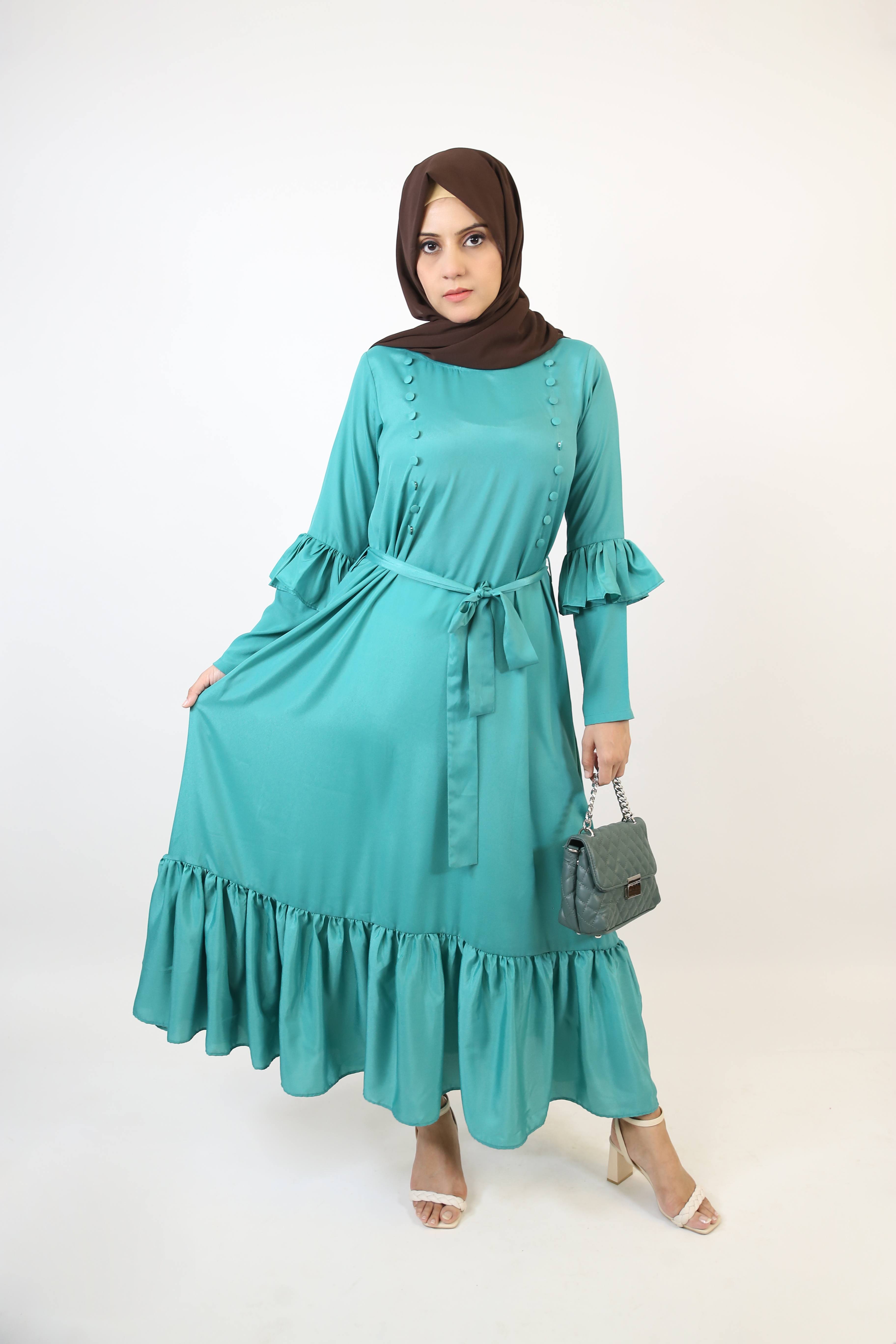 Nudhrah- Lovely no sheer maxi dress with dual buttoned row and frilled hem- Deep green