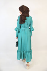 Nudhrah- Lovely no sheer maxi dress with dual buttoned row and frilled hem- Deep green