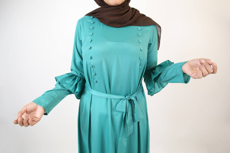 Nudhrah- Lovely no sheer maxi dress with dual buttoned row and frilled hem- Deep green