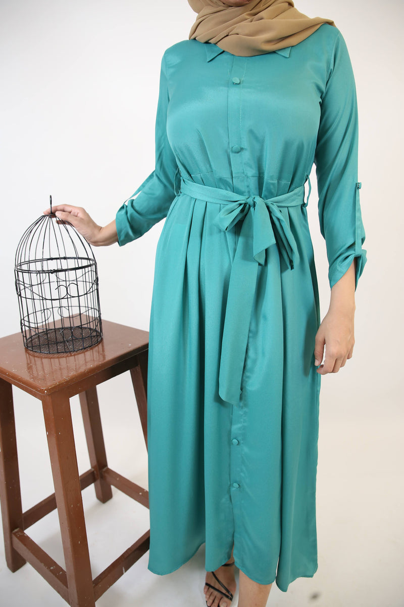 Ghaba- Elegant wrinkle free maxi dress with top down buttons and detachable belt- Emerald Green