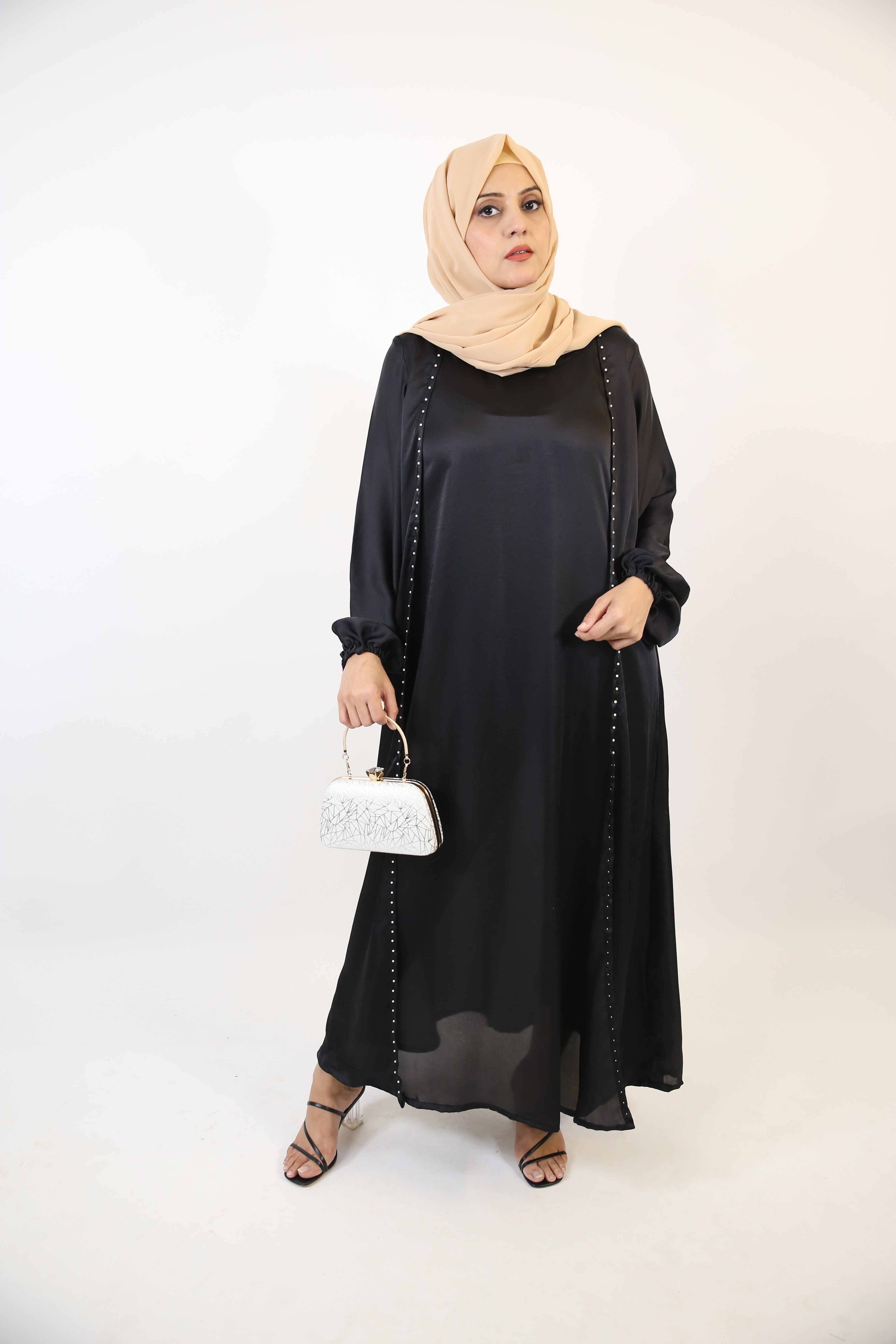 Suwad- Classy Satin two piece faux pearl throw over abaya with inner slip dress- Charcoal Black