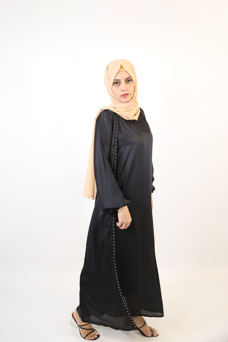 Suwad- Classy Satin two piece faux pearl throw over abaya with inner slip dress- Charcoal Black