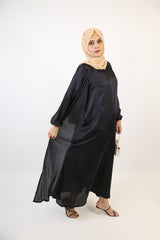 Suwad- Classy Satin two piece faux pearl throw over abaya with inner slip dress- Charcoal Black