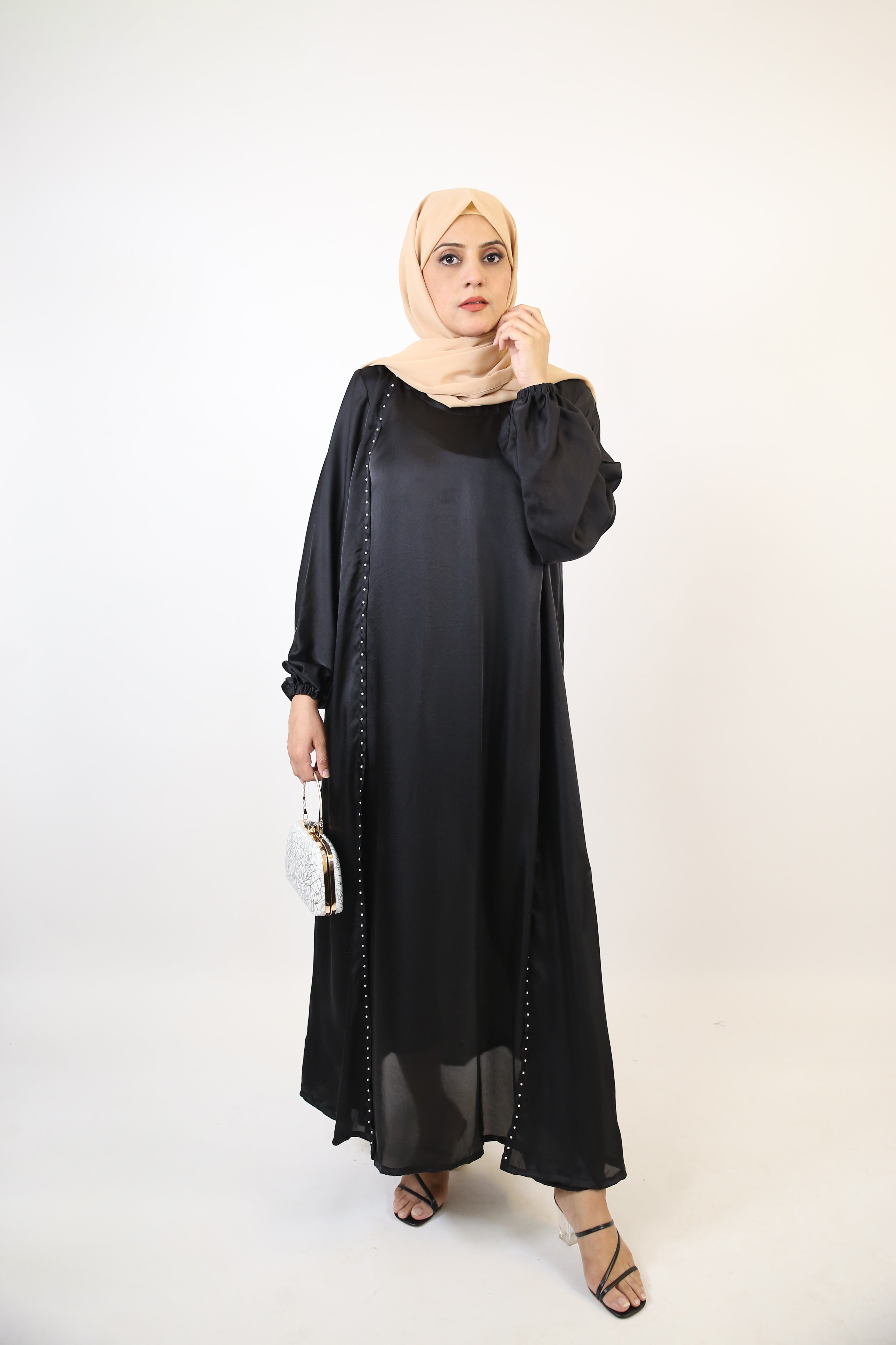 Suwad- Classy Satin two piece faux pearl throw over abaya with inner slip dress- Charcoal Black